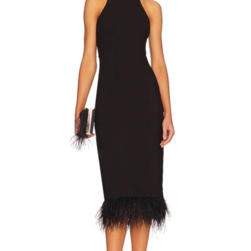 Likely Elegant Black Midi Dress with Feather Trim